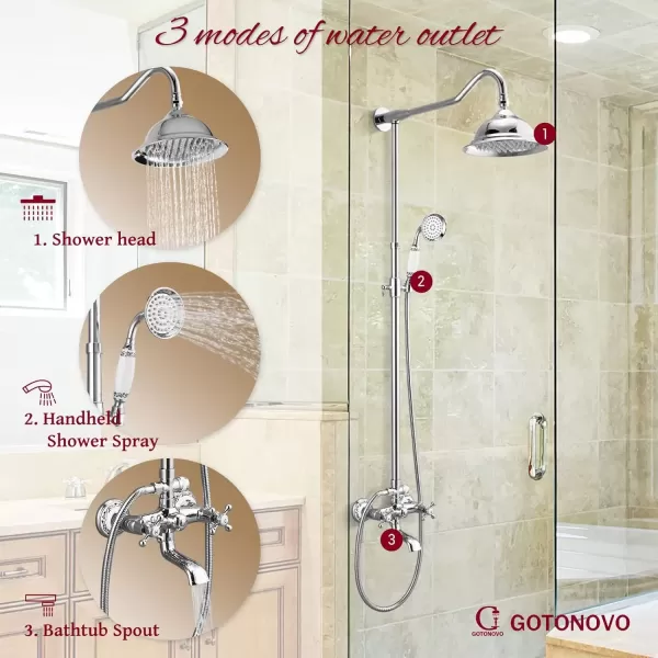 imagegotonovo Exposed Shower System Set Polish Chrome 8 Rain Shower Faucet 2 Double Knobs Handle Triple Function Tub Spout Luxry Shower Fixture Combo Unit Set 12 Inch Extension Tube IncludedPolish Chrome