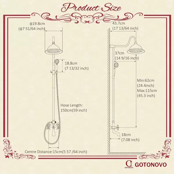 imagegotonovo Exposed Shower System Set Polish Chrome 8 Rain Shower Faucet 2 Double Knobs Handle Triple Function Tub Spout Luxry Shower Fixture Combo Unit Set 12 Inch Extension Tube IncludedOil Rubbed Bronze