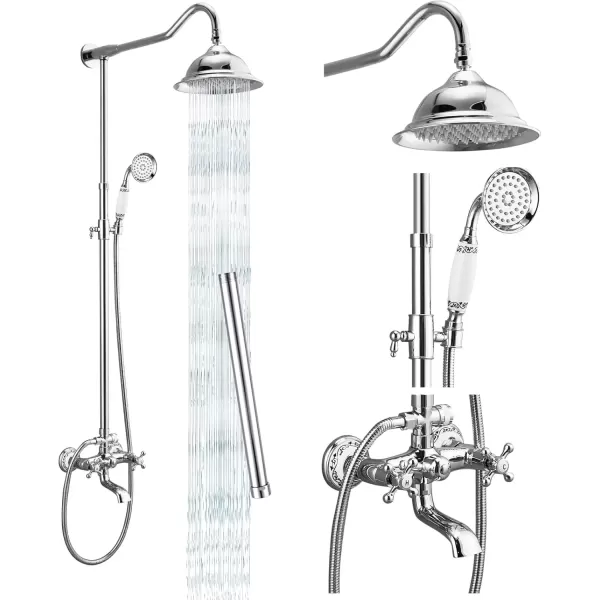 imagegotonovo Exposed Shower System Set Polish Chrome 8 Rain Shower Faucet 2 Double Knobs Handle Triple Function Tub Spout Luxry Shower Fixture Combo Unit Set 12 Inch Extension Tube IncludedPolish Chrome