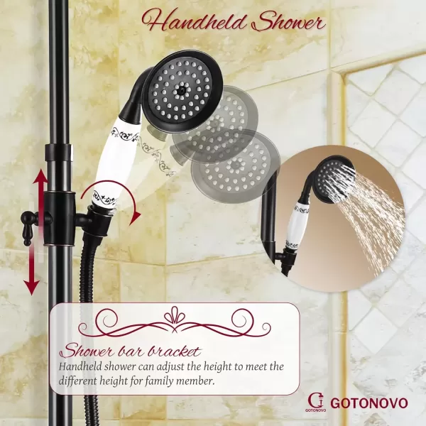 imagegotonovo Exposed Shower System Set Polish Chrome 8 Rain Shower Faucet 2 Double Knobs Handle Triple Function Tub Spout Luxry Shower Fixture Combo Unit Set 12 Inch Extension Tube IncludedOil Rubbed Bronze