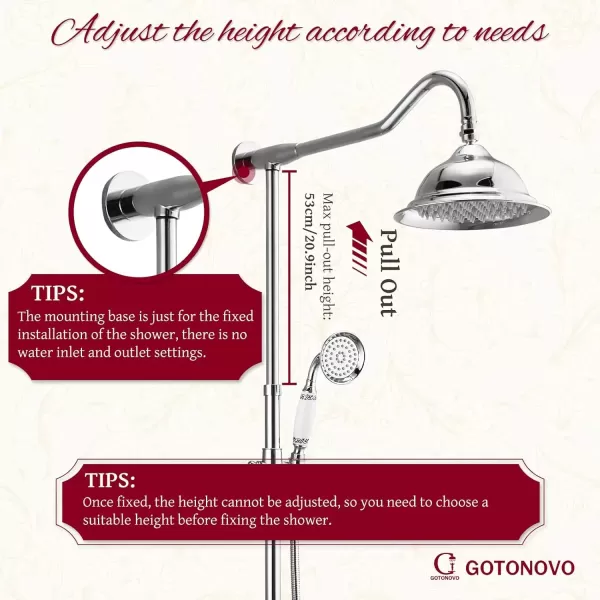 imagegotonovo Exposed Shower System Set Polish Chrome 8 Rain Shower Faucet 2 Double Knobs Handle Triple Function Tub Spout Luxry Shower Fixture Combo Unit Set 12 Inch Extension Tube IncludedPolish Chrome