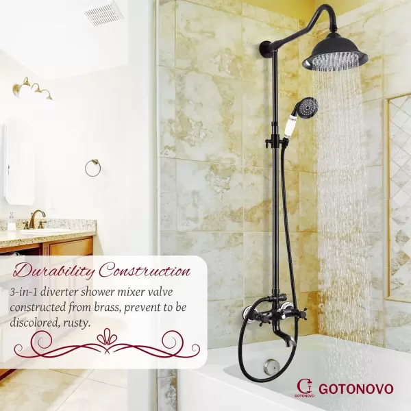 imagegotonovo Exposed Shower System Set Polish Chrome 8 Rain Shower Faucet 2 Double Knobs Handle Triple Function Tub Spout Luxry Shower Fixture Combo Unit Set 12 Inch Extension Tube IncludedOil Rubbed Bronze