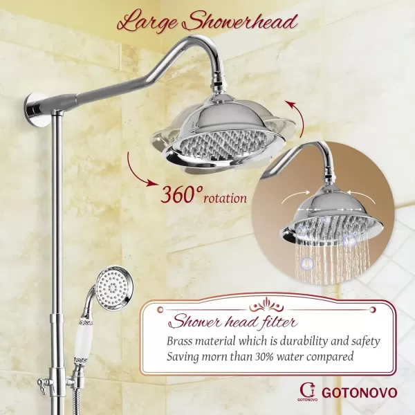 imagegotonovo Exposed Shower System Set Polish Chrome 8 Rain Shower Faucet 2 Double Knobs Handle Triple Function Tub Spout Luxry Shower Fixture Combo Unit Set 12 Inch Extension Tube IncludedPolish Chrome