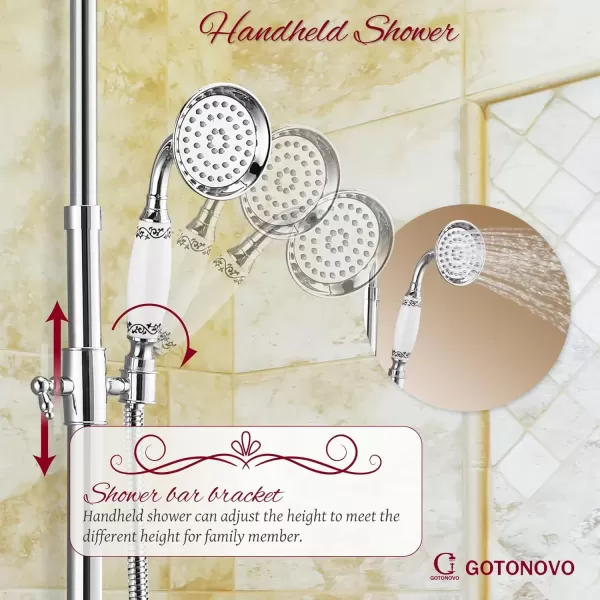 imagegotonovo Exposed Shower System Set Polish Chrome 8 Rain Shower Faucet 2 Double Knobs Handle Triple Function Tub Spout Luxry Shower Fixture Combo Unit Set 12 Inch Extension Tube IncludedPolish Chrome