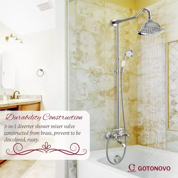 imagegotonovo Exposed Shower System Set Polish Chrome 8 Rain Shower Faucet 2 Double Knobs Handle Triple Function Tub Spout Luxry Shower Fixture Combo Unit Set 12 Inch Extension Tube IncludedPolish Chrome