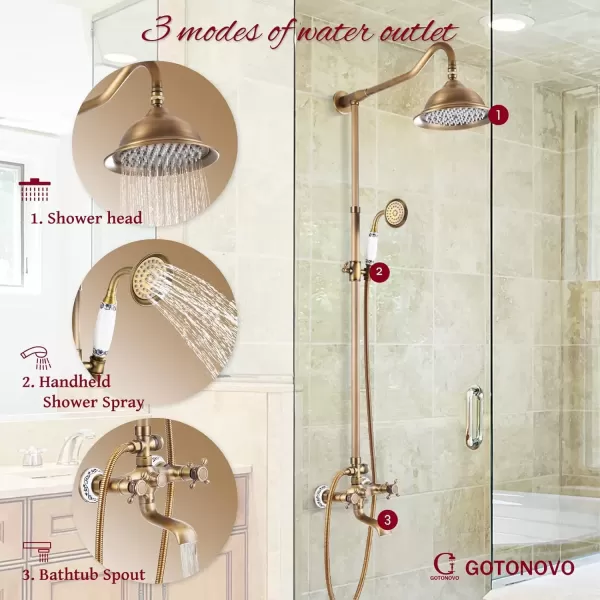imagegotonovo Exposed Shower System Set Polish Chrome 8 Rain Shower Faucet 2 Double Knobs Handle Triple Function Tub Spout Luxry Shower Fixture Combo Unit Set 12 Inch Extension Tube IncludedAntique Brass
