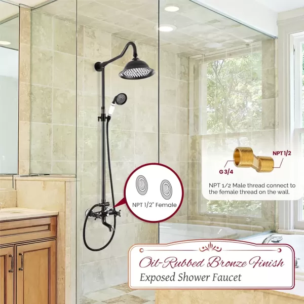 imagegotonovo Exposed Shower System Set Polish Chrome 8 Rain Shower Faucet 2 Double Knobs Handle Triple Function Tub Spout Luxry Shower Fixture Combo Unit Set 12 Inch Extension Tube IncludedOil Rubbed Bronze