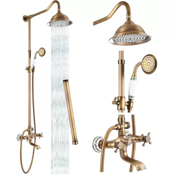 imagegotonovo Exposed Shower System Set Polish Chrome 8 Rain Shower Faucet 2 Double Knobs Handle Triple Function Tub Spout Luxry Shower Fixture Combo Unit Set 12 Inch Extension Tube IncludedAntique Brass