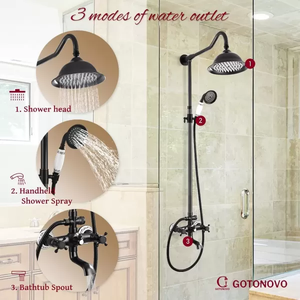 imagegotonovo Exposed Shower System Set Polish Chrome 8 Rain Shower Faucet 2 Double Knobs Handle Triple Function Tub Spout Luxry Shower Fixture Combo Unit Set 12 Inch Extension Tube IncludedOil Rubbed Bronze