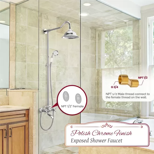 imagegotonovo Exposed Shower System Set Polish Chrome 8 Rain Shower Faucet 2 Double Knobs Handle Triple Function Tub Spout Luxry Shower Fixture Combo Unit Set 12 Inch Extension Tube IncludedPolish Chrome