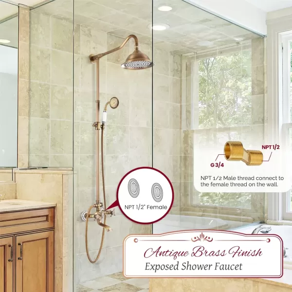 imagegotonovo Exposed Shower System Set Polish Chrome 8 Rain Shower Faucet 2 Double Knobs Handle Triple Function Tub Spout Luxry Shower Fixture Combo Unit Set 12 Inch Extension Tube IncludedAntique Brass