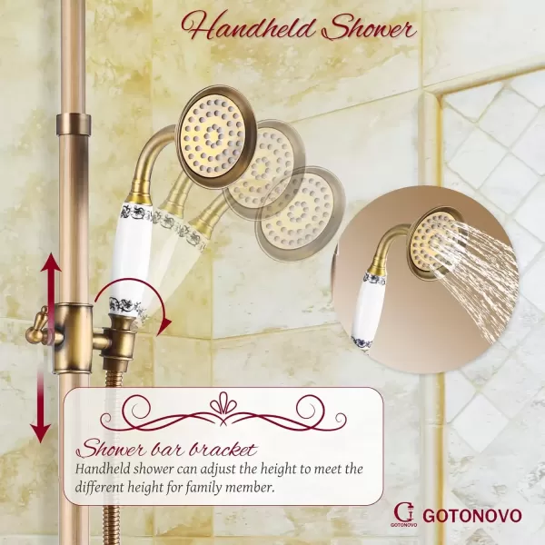 imagegotonovo Exposed Shower System Set Polish Chrome 8 Rain Shower Faucet 2 Double Knobs Handle Triple Function Tub Spout Luxry Shower Fixture Combo Unit Set 12 Inch Extension Tube IncludedAntique Brass