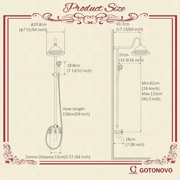 imagegotonovo Exposed Shower System Set Polish Chrome 8 Rain Shower Faucet 2 Double Knobs Handle Triple Function Tub Spout Luxry Shower Fixture Combo Unit Set 12 Inch Extension Tube IncludedAntique Brass