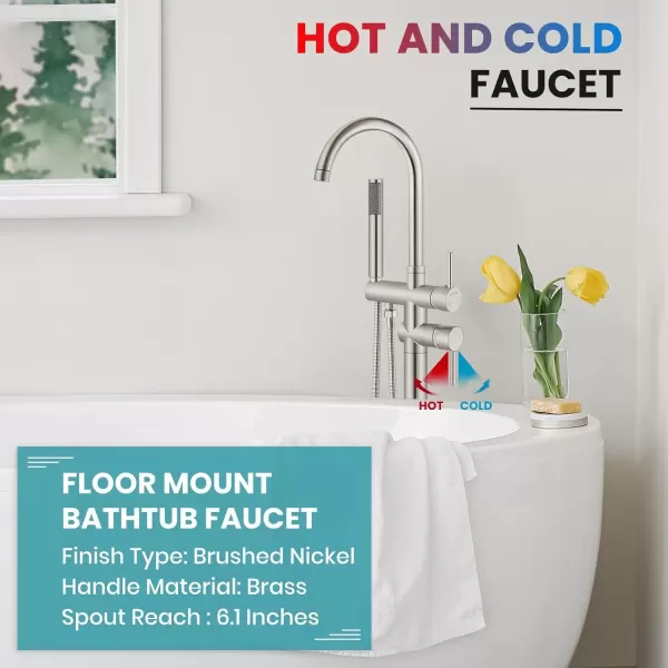 imagegotonovo Floor Mount Bathtub Faucet High Flow Freestanding Tub Filler Standing Shower Faucets with 360 Swivel Gooseneck Spout and Cylinder Handheld Spray Matte BlackBrushed Nickel