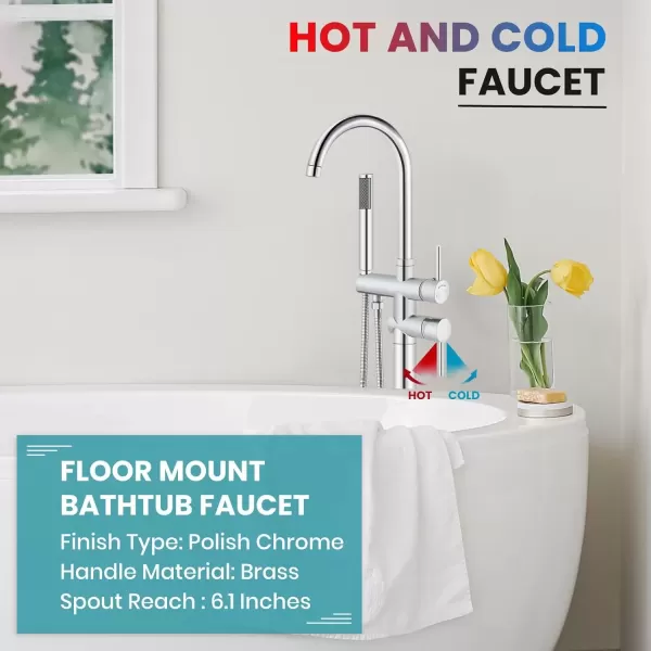 imagegotonovo Floor Mount Bathtub Faucet High Flow Freestanding Tub Filler Standing Shower Faucets with 360 Swivel Gooseneck Spout and Cylinder Handheld Spray Matte BlackPolish Chrome