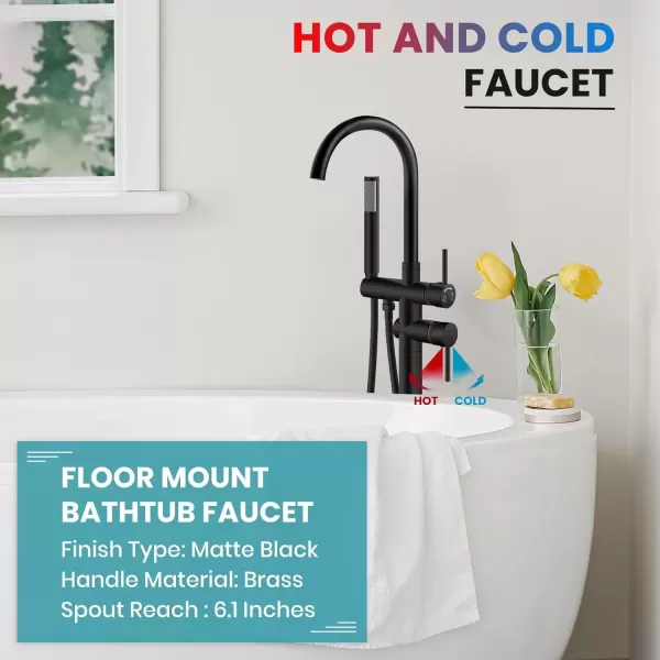 imagegotonovo Floor Mount Bathtub Faucet High Flow Freestanding Tub Filler Standing Shower Faucets with 360 Swivel Gooseneck Spout and Cylinder Handheld Spray Matte BlackMatte Black