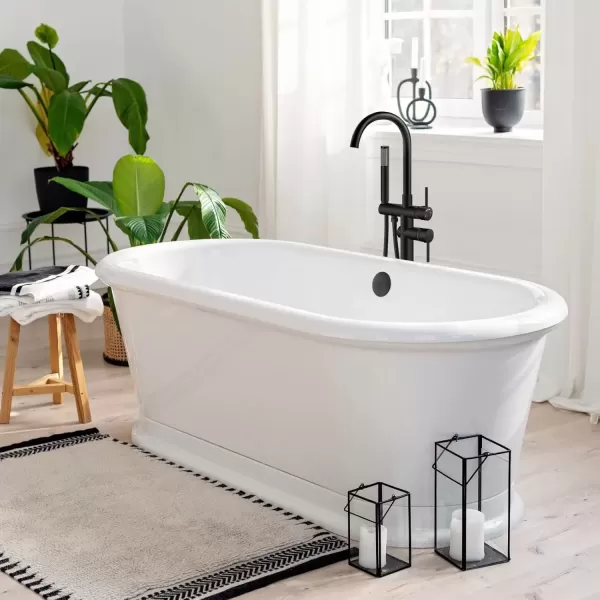 imagegotonovo Floor Mount Bathtub Faucet High Flow Freestanding Tub Filler Standing Shower Faucets with 360 Swivel Gooseneck Spout and Cylinder Handheld Spray Matte BlackMatte Black