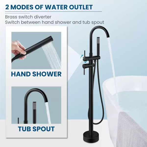 imagegotonovo Floor Mount Bathtub Faucet High Flow Freestanding Tub Filler Standing Shower Faucets with 360 Swivel Gooseneck Spout and Cylinder Handheld Spray Matte BlackMatte Black