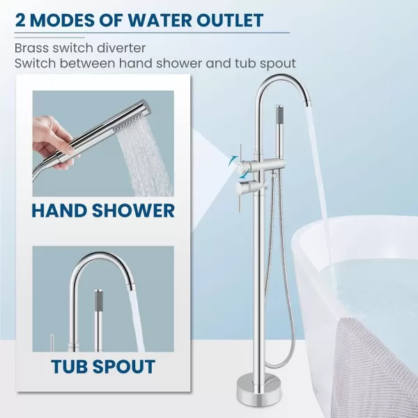 imagegotonovo Floor Mount Bathtub Faucet High Flow Freestanding Tub Filler Standing Shower Faucets with 360 Swivel Gooseneck Spout and Cylinder Handheld Spray Matte BlackPolish Chrome
