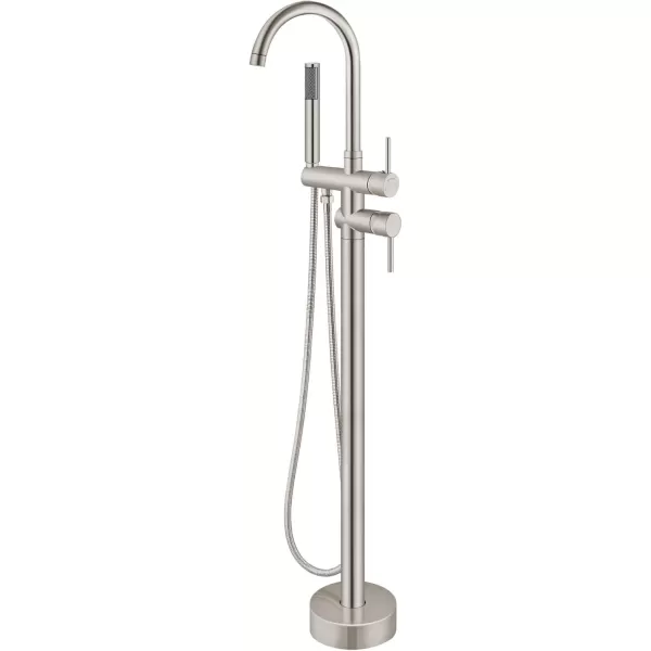 imagegotonovo Floor Mount Bathtub Faucet High Flow Freestanding Tub Filler Standing Shower Faucets with 360 Swivel Gooseneck Spout and Cylinder Handheld Spray Matte BlackBrushed Nickel