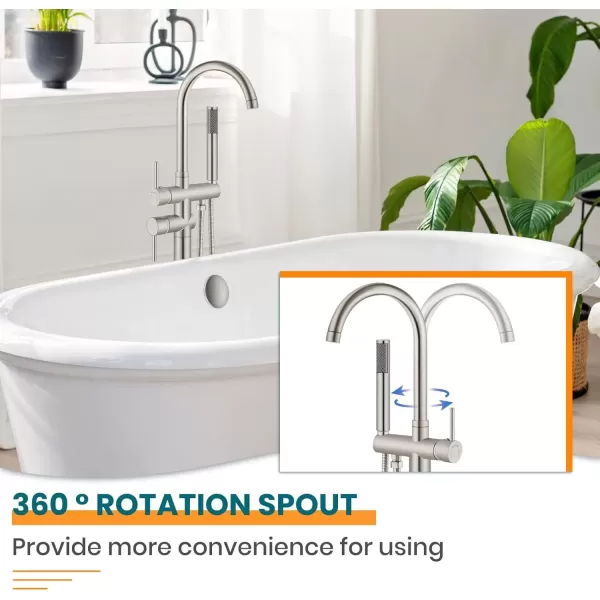 imagegotonovo Floor Mount Bathtub Faucet High Flow Freestanding Tub Filler Standing Shower Faucets with 360 Swivel Gooseneck Spout and Cylinder Handheld Spray Matte BlackBrushed Nickel