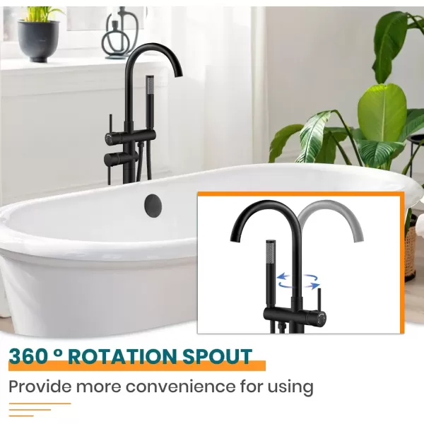 imagegotonovo Floor Mount Bathtub Faucet High Flow Freestanding Tub Filler Standing Shower Faucets with 360 Swivel Gooseneck Spout and Cylinder Handheld Spray Matte BlackMatte Black