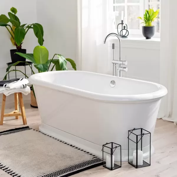 imagegotonovo Floor Mount Bathtub Faucet High Flow Freestanding Tub Filler Standing Shower Faucets with 360 Swivel Gooseneck Spout and Cylinder Handheld Spray Matte BlackPolish Chrome