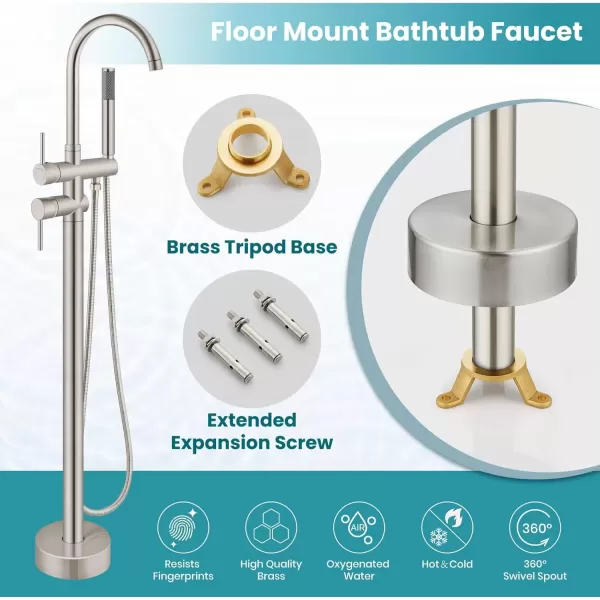 imagegotonovo Floor Mount Bathtub Faucet High Flow Freestanding Tub Filler Standing Shower Faucets with 360 Swivel Gooseneck Spout and Cylinder Handheld Spray Matte BlackBrushed Nickel