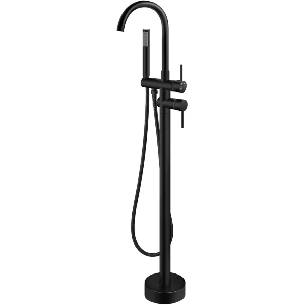 imagegotonovo Floor Mount Bathtub Faucet High Flow Freestanding Tub Filler Standing Shower Faucets with 360 Swivel Gooseneck Spout and Cylinder Handheld Spray Matte BlackMatte Black