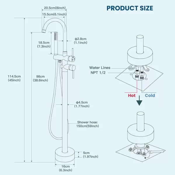 imagegotonovo Floor Mount Bathtub Faucet High Flow Freestanding Tub Filler Standing Shower Faucets with 360 Swivel Gooseneck Spout and Cylinder Handheld Spray Matte BlackBrushed Nickel