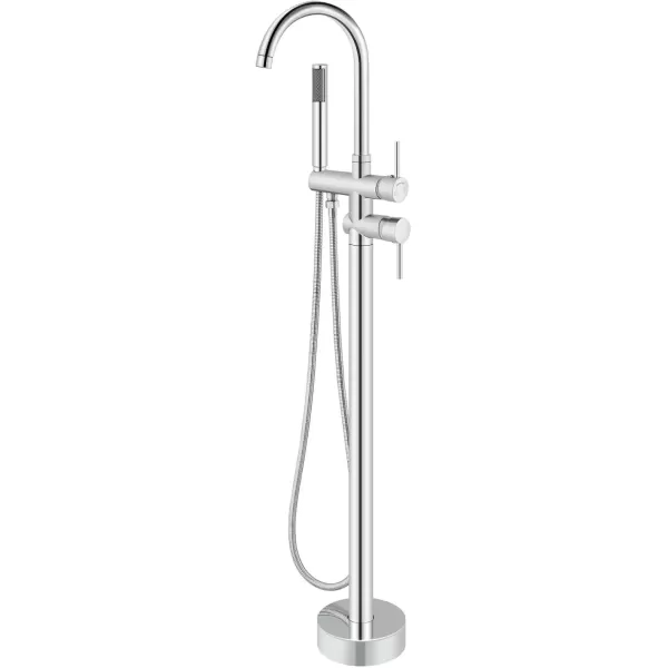 imagegotonovo Floor Mount Bathtub Faucet High Flow Freestanding Tub Filler Standing Shower Faucets with 360 Swivel Gooseneck Spout and Cylinder Handheld Spray Matte BlackPolish Chrome