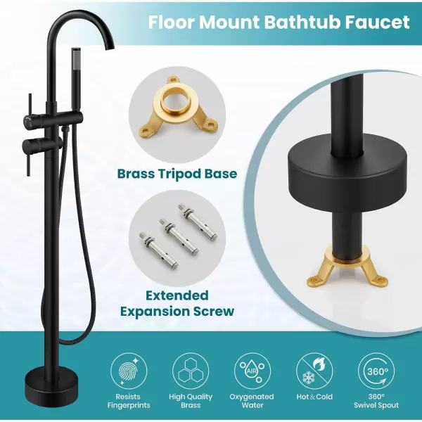 imagegotonovo Floor Mount Bathtub Faucet High Flow Freestanding Tub Filler Standing Shower Faucets with 360 Swivel Gooseneck Spout and Cylinder Handheld Spray Matte BlackMatte Black