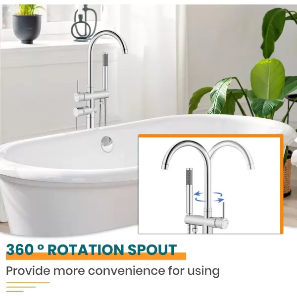imagegotonovo Floor Mount Bathtub Faucet High Flow Freestanding Tub Filler Standing Shower Faucets with 360 Swivel Gooseneck Spout and Cylinder Handheld Spray Matte BlackPolish Chrome