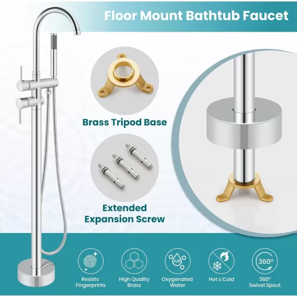 imagegotonovo Floor Mount Bathtub Faucet High Flow Freestanding Tub Filler Standing Shower Faucets with 360 Swivel Gooseneck Spout and Cylinder Handheld Spray Matte BlackPolish Chrome