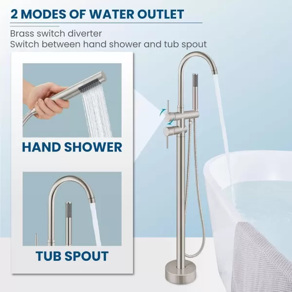 imagegotonovo Floor Mount Bathtub Faucet High Flow Freestanding Tub Filler Standing Shower Faucets with 360 Swivel Gooseneck Spout and Cylinder Handheld Spray Matte BlackBrushed Nickel