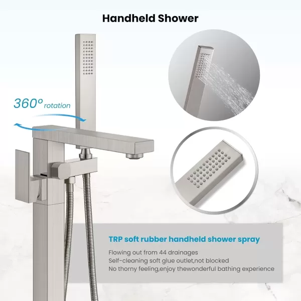 imagegotonovo Freestanding Bathtub Faucet Floor Mount Tub Filler Brushed Nickel Single Handle Brass Tap with Hand Shower and 360 Degree Swivel SpoutBrushed Nickel