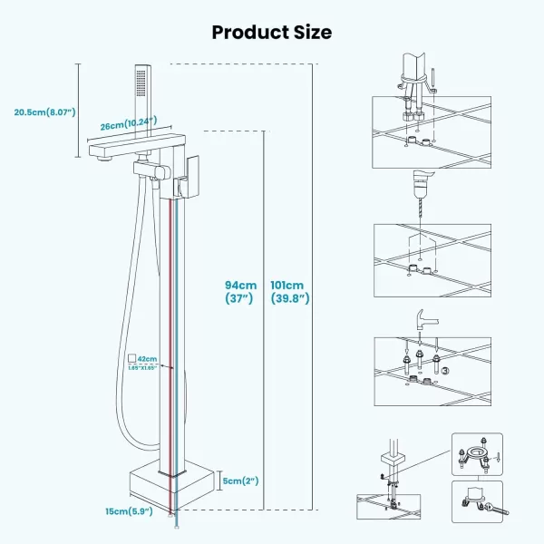 imagegotonovo Freestanding Bathtub Faucet Floor Mount Tub Filler Brushed Nickel Single Handle Brass Tap with Hand Shower and 360 Degree Swivel SpoutBrushed Nickel