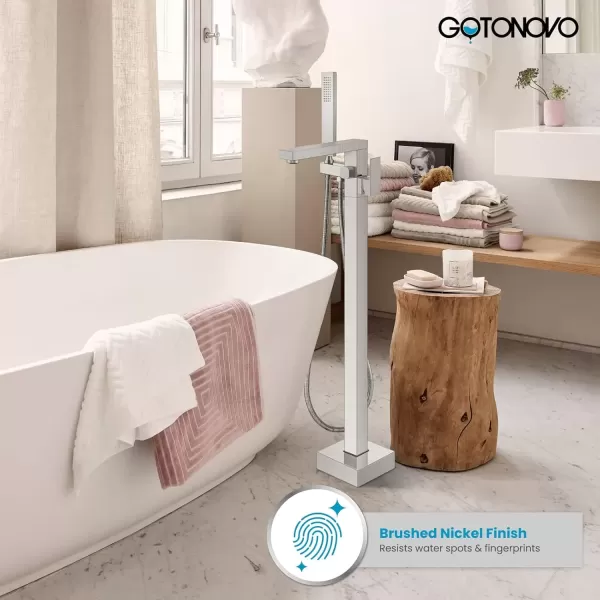 imagegotonovo Freestanding Bathtub Faucet Floor Mount Tub Filler Brushed Nickel Single Handle Brass Tap with Hand Shower and 360 Degree Swivel SpoutBrushed Nickel