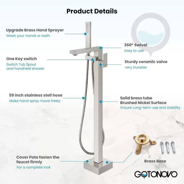 imagegotonovo Freestanding Bathtub Faucet Floor Mount Tub Filler Brushed Nickel Single Handle Brass Tap with Hand Shower and 360 Degree Swivel SpoutBrushed Nickel