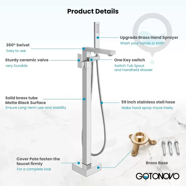 imagegotonovo Freestanding Bathtub Faucet Floor Mount Tub Filler Brushed Nickel Single Handle Brass Tap with Hand Shower and 360 Degree Swivel SpoutChrome Polished