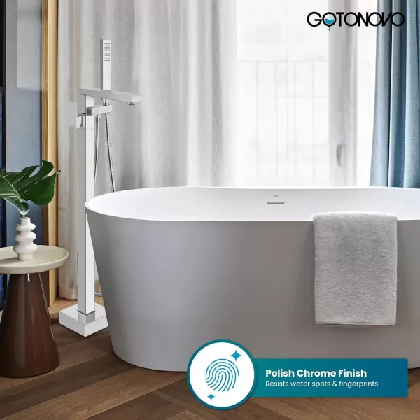 imagegotonovo Freestanding Bathtub Faucet Floor Mount Tub Filler Brushed Nickel Single Handle Brass Tap with Hand Shower and 360 Degree Swivel SpoutChrome Polished