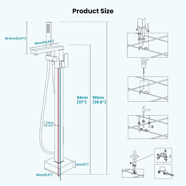 imagegotonovo Freestanding Bathtub Faucet Floor Mount Tub Filler Brushed Nickel Single Handle Brass Tap with Hand Shower and 360 Degree Swivel SpoutChrome Polished