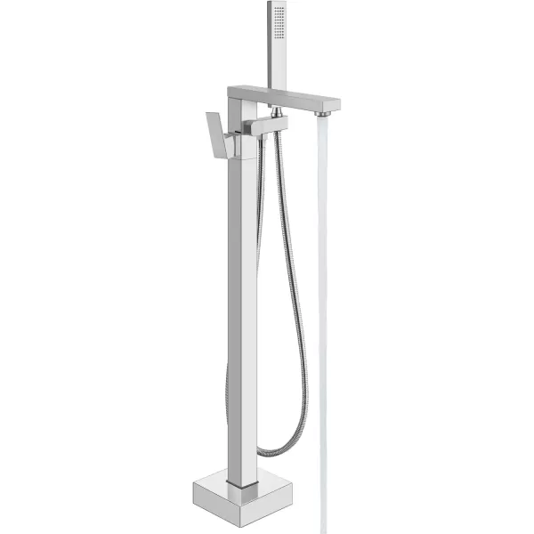 imagegotonovo Freestanding Bathtub Faucet Floor Mount Tub Filler Brushed Nickel Single Handle Brass Tap with Hand Shower and 360 Degree Swivel SpoutChrome Polished