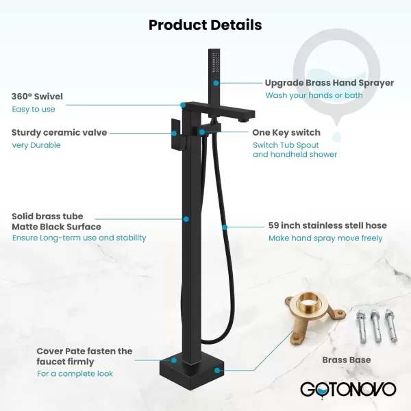 imagegotonovo Freestanding Bathtub Faucet Floor Mount Tub Filler Brushed Nickel Single Handle Brass Tap with Hand Shower and 360 Degree Swivel SpoutMatte Black