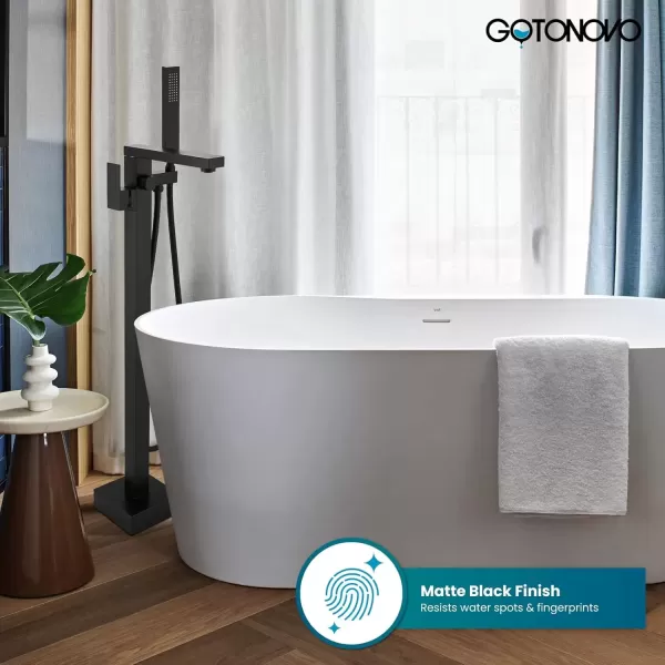 imagegotonovo Freestanding Bathtub Faucet Floor Mount Tub Filler Brushed Nickel Single Handle Brass Tap with Hand Shower and 360 Degree Swivel SpoutMatte Black