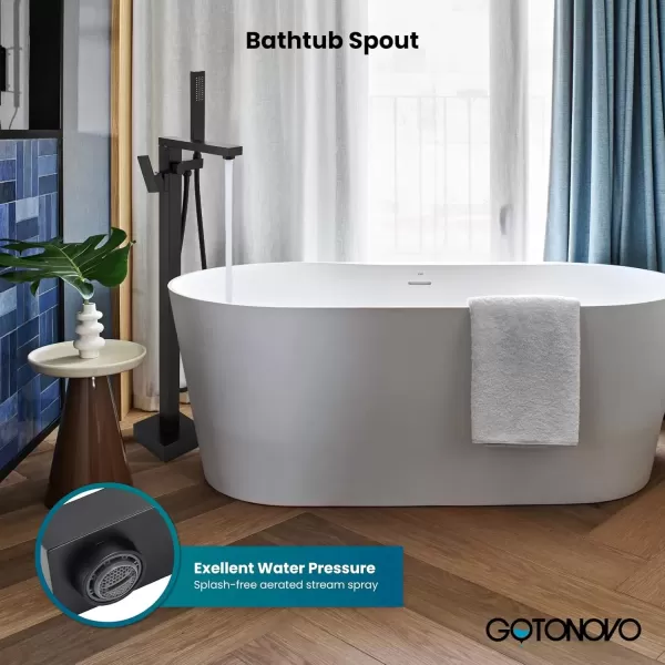 imagegotonovo Freestanding Bathtub Faucet Floor Mount Tub Filler Brushed Nickel Single Handle Brass Tap with Hand Shower and 360 Degree Swivel SpoutMatte Black