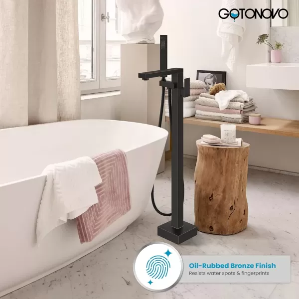 imagegotonovo Freestanding Bathtub Faucet Floor Mount Tub Filler Brushed Nickel Single Handle Brass Tap with Hand Shower and 360 Degree Swivel SpoutOil Rubbed Bronze