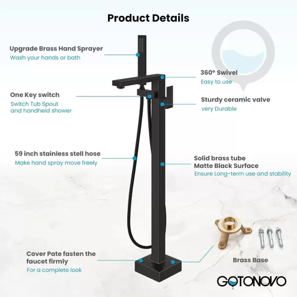 imagegotonovo Freestanding Bathtub Faucet Floor Mount Tub Filler Brushed Nickel Single Handle Brass Tap with Hand Shower and 360 Degree Swivel SpoutOil Rubbed Bronze