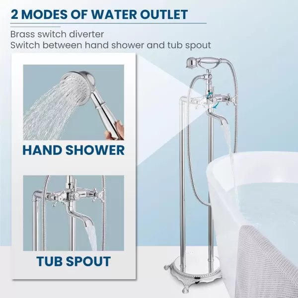 imagegotonovo Freestanding Bathtub Faucet Floor Mount Tub Filler with Double Cross Knobs 360 Rotation Spout High Flow Floor Standing Bathtub Shower Bell Shape Handheld Spray Polished ChromePolish Chrome