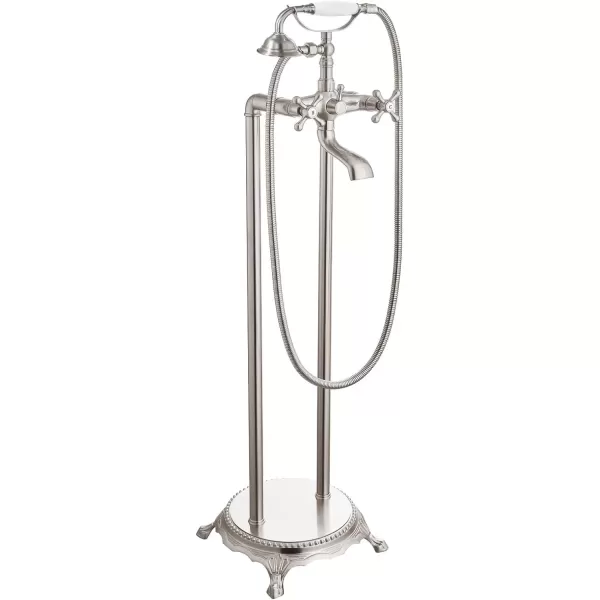 imagegotonovo Freestanding Bathtub Faucet Floor Mount Tub Filler with Double Cross Knobs 360 Rotation Spout High Flow Floor Standing Bathtub Shower Bell Shape Handheld Spray Polished ChromeBrushed Nickel